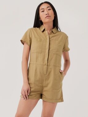 Pact The Harbour Utility Button-Up Relaxed Romper Olive Tan Large